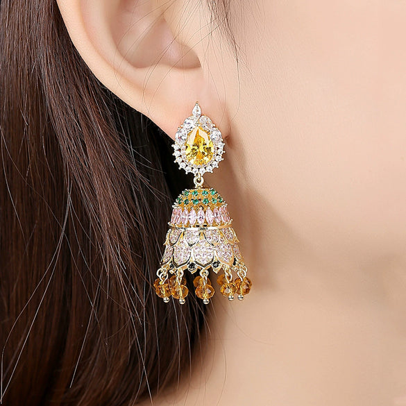 Women's Copper Geometric Wind Chime Earrings With Electroplated Finish And Zircon Crystal Inlay Retro Fashion Ear Jewelry Gift
