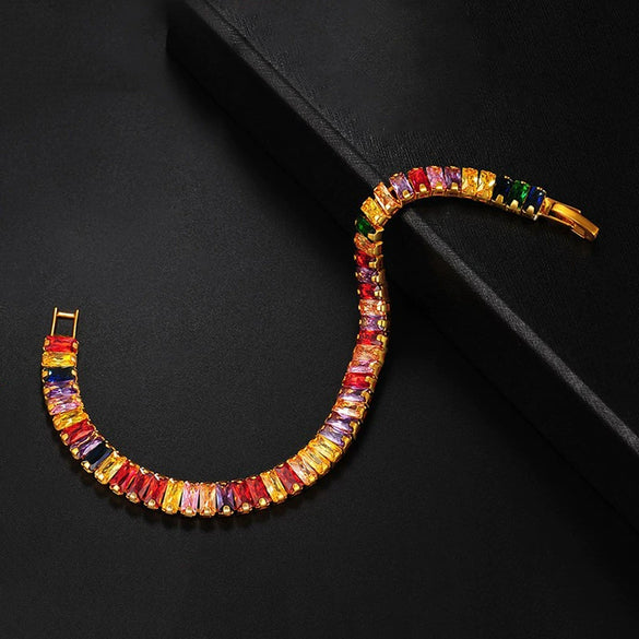 Women's Copper Geometric Zirconia Claw Chain Bracelet With Colorful Full Pavé Style And Rice Bead Design