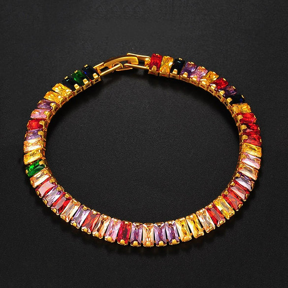 Women's Copper Geometric Zirconia Claw Chain Bracelet With Colorful Full Pavé Style And Rice Bead Design