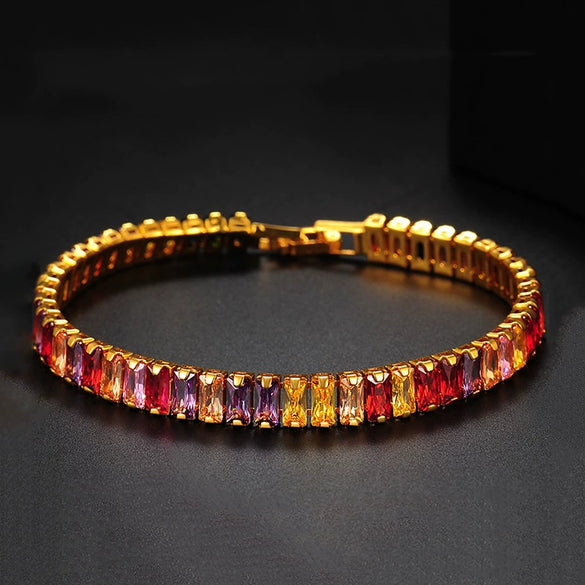 Women's Copper Geometric Zirconia Claw Chain Bracelet With Colorful Full Pavé Style And Rice Bead Design