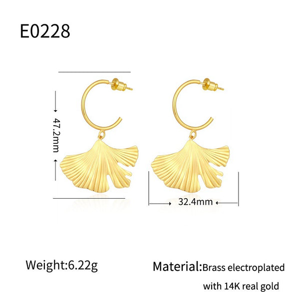 Women's Copper Ginkgo Leaf Hoop Pendant Earrings Electroplated Simple Style
