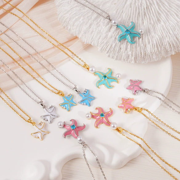 Women's Copper Gold Plated Animal Zodiac Starfish Pendant Necklace With Mixed Gemstone Setting And O Word Chain