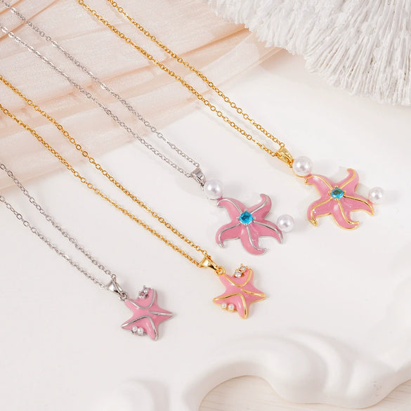 Women's Copper Gold Plated Animal Zodiac Starfish Pendant Necklace With Mixed Gemstone Setting And O Word Chain