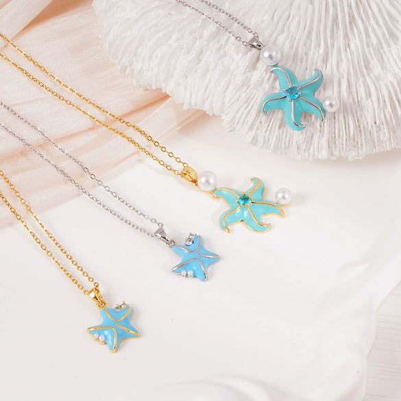 Women's Copper Gold Plated Animal Zodiac Starfish Pendant Necklace With Mixed Gemstone Setting And O Word Chain