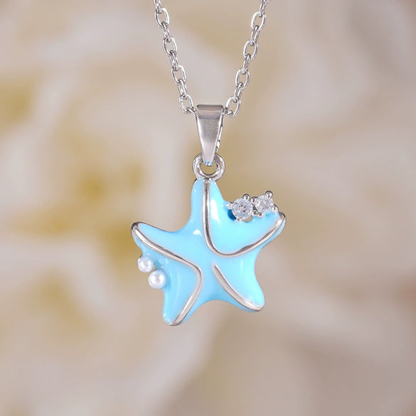 Women's Copper Gold Plated Animal Zodiac Starfish Pendant Necklace With Mixed Gemstone Setting And O Word Chain