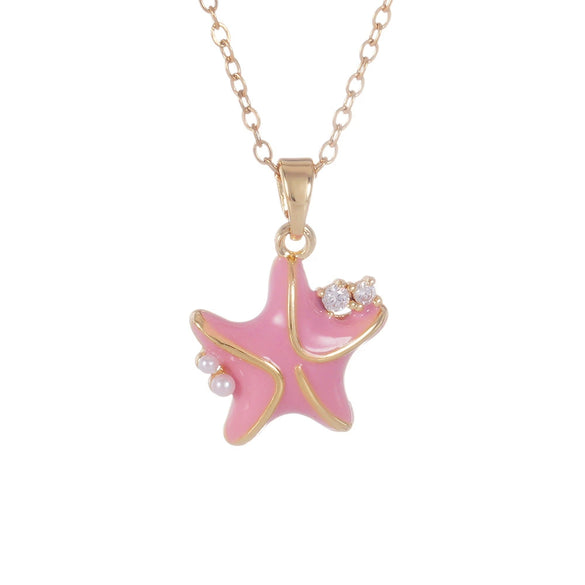 Women's Copper Gold Plated Animal Zodiac Starfish Pendant Necklace With Mixed Gemstone Setting And O Word Chain