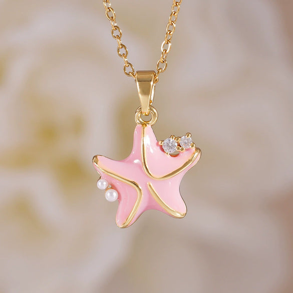 Women's Copper Gold Plated Animal Zodiac Starfish Pendant Necklace With Mixed Gemstone Setting And O Word Chain