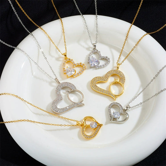 Women's Copper Gold Plated Heart Shape Mixed Gemstone Inlay Zircon Necklace O Chain Light Luxury Style