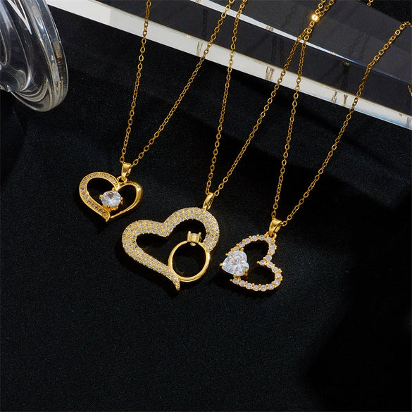 Women's Copper Gold Plated Heart Shape Mixed Gemstone Inlay Zircon Necklace O Chain Light Luxury Style