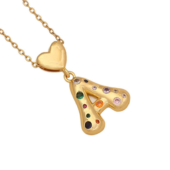 Women's Copper Heart Letter Pendant Necklace With Colorful Zircon And Letter Pattern