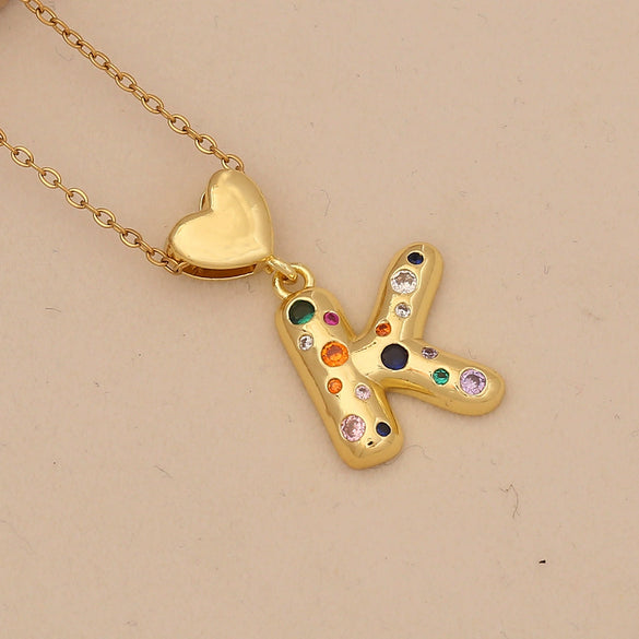 Women's Copper Heart Letter Pendant Necklace With Colorful Zircon And Letter Pattern