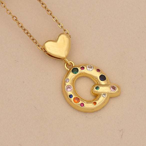 Women's Copper Heart Letter Pendant Necklace With Colorful Zircon And Letter Pattern