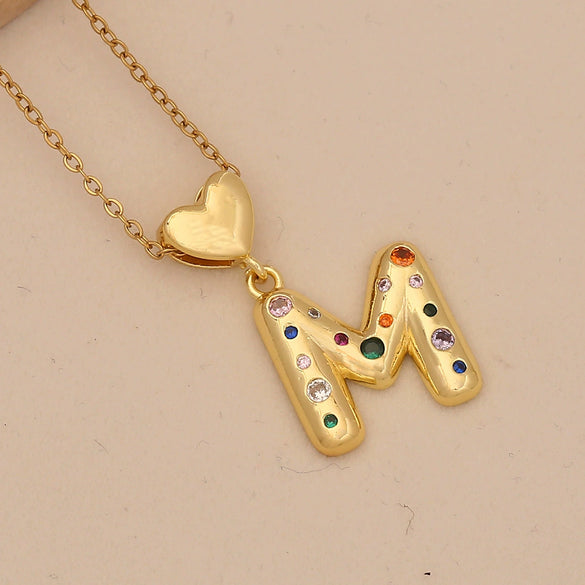 Women's Copper Heart Letter Pendant Necklace With Colorful Zircon And Letter Pattern