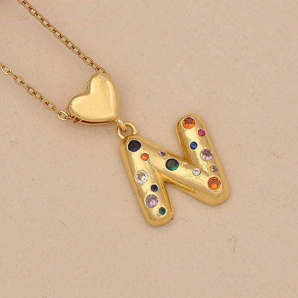 Women's Copper Heart Letter Pendant Necklace With Colorful Zircon And Letter Pattern