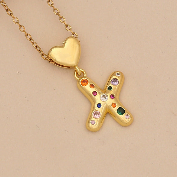Women's Copper Heart Letter Pendant Necklace With Colorful Zircon And Letter Pattern