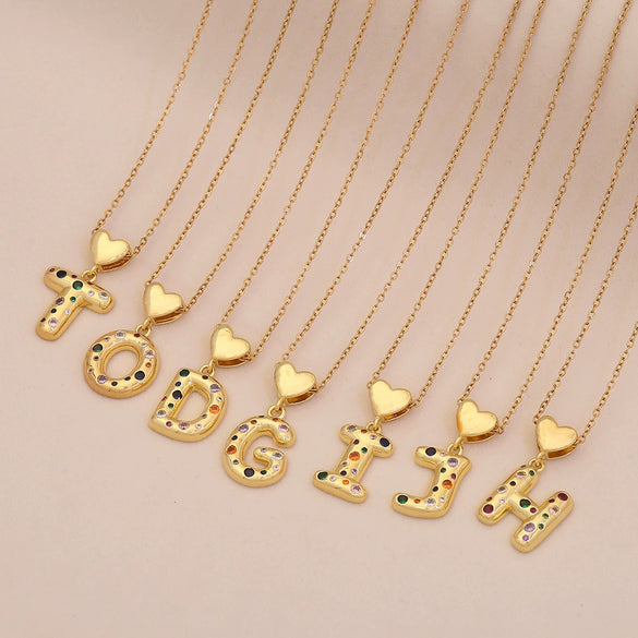 Women's Copper Heart Letter Pendant Necklace With Colorful Zircon And Letter Pattern