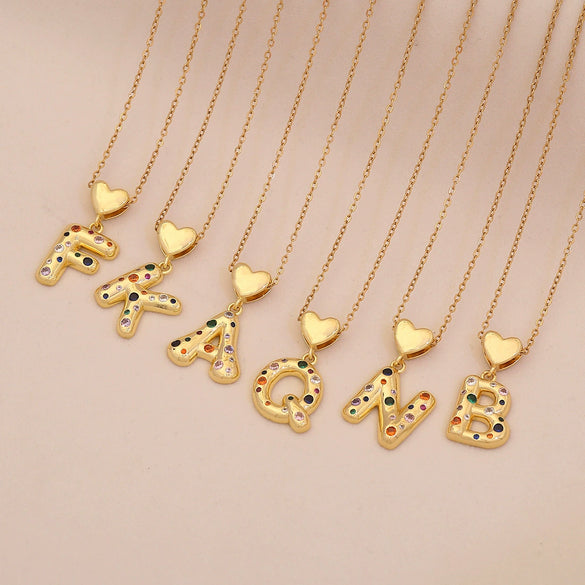 Women's Copper Heart Letter Pendant Necklace With Colorful Zircon And Letter Pattern