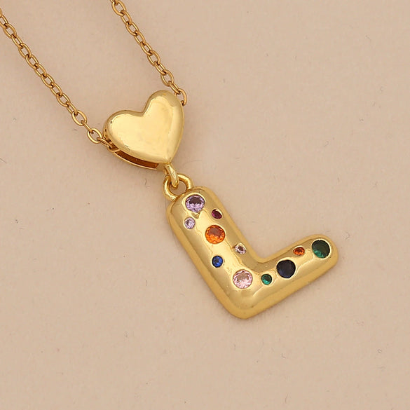 Women's Copper Heart Letter Pendant Necklace With Colorful Zircon And Letter Pattern