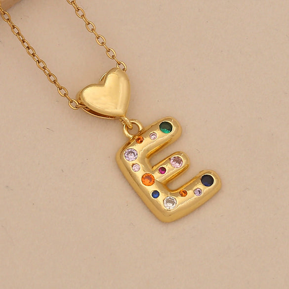 Women's Copper Heart Letter Pendant Necklace With Colorful Zircon And Letter Pattern