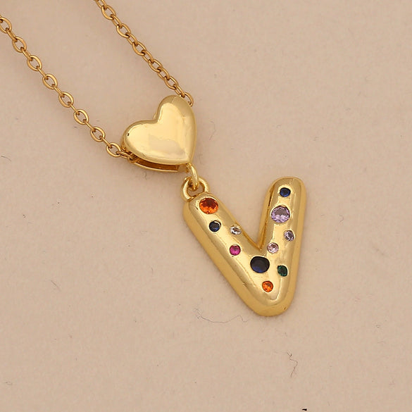 Women's Copper Heart Letter Pendant Necklace With Colorful Zircon And Letter Pattern