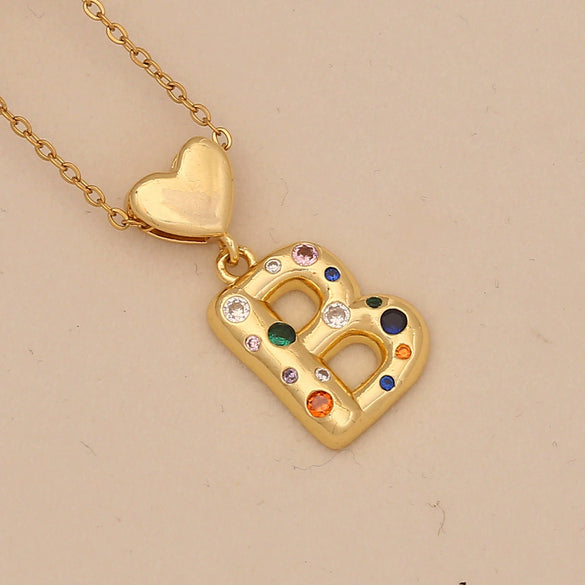 Women's Copper Heart Letter Pendant Necklace With Colorful Zircon And Letter Pattern