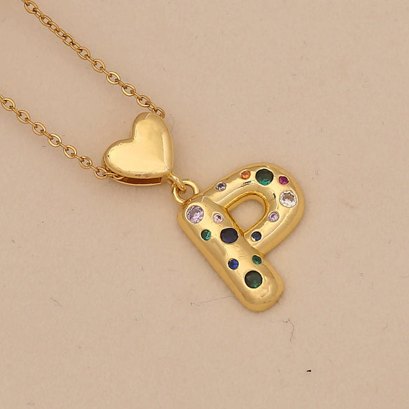 Women's Copper Heart Letter Pendant Necklace With Colorful Zircon And Letter Pattern