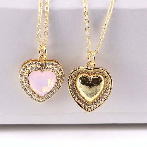 Women's Copper Heart Pendant Necklace With Zircon Inlay Water Wave Chain Electroplated Simple Elegant Classic Jewelry