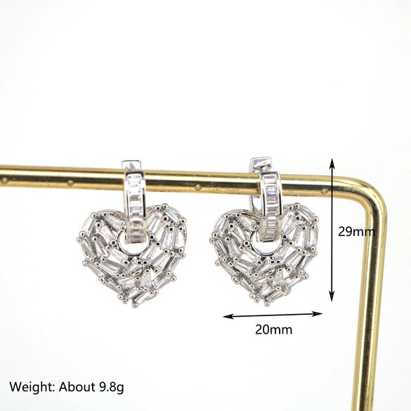 Women's Copper Heart Shaped Earrings With Micro Inlaid Zircon And Gold Electroplated Cut Out Design