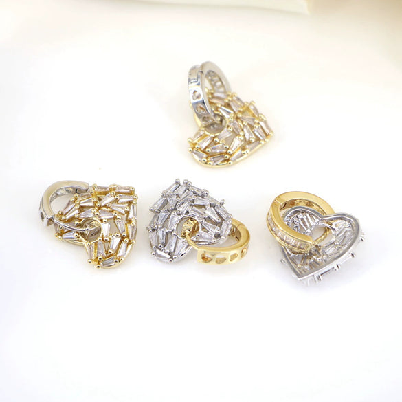 Women's Copper Heart Shaped Earrings With Micro Inlaid Zircon And Gold Electroplated Cut Out Design