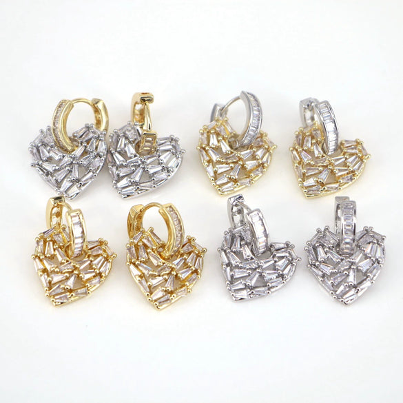 Women's Copper Heart Shaped Earrings With Micro Inlaid Zircon And Gold Electroplated Cut Out Design