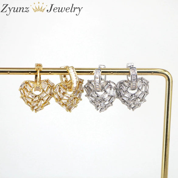 Women's Copper Heart Shaped Earrings With Micro Inlaid Zircon And Gold Electroplated Cut Out Design