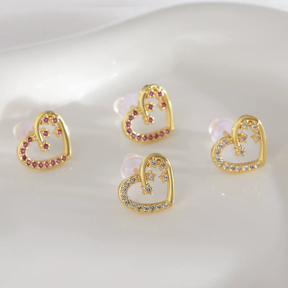 Women's Copper Heartshaped And Fivepointed Star Earrings With Electroplating Little Fresh Style