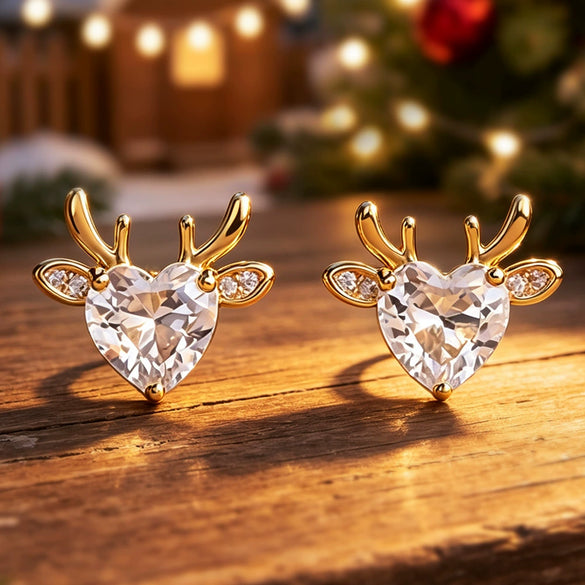 Women's Copper Heartshaped Deer Earrings With Zircon Accents Festive Christmas Jewelry Accessories