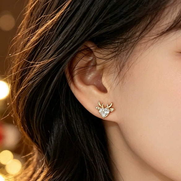 Women's Copper Heartshaped Deer Earrings With Zircon Accents Festive Christmas Jewelry Accessories