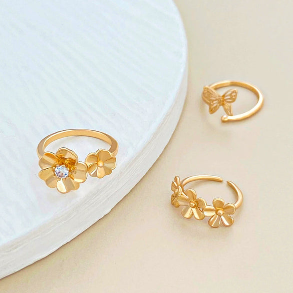 Women's Copper Hollow Butterfly Flower Toe Ring Foot Ring Tail Ring With Zircon Inlay