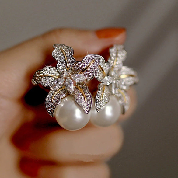 Women's Copper Imitation Pearl Lily Flower Earrings Set With Pearls