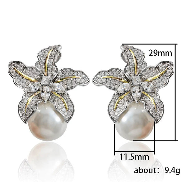 Women's Copper Imitation Pearl Lily Flower Earrings Set With Pearls