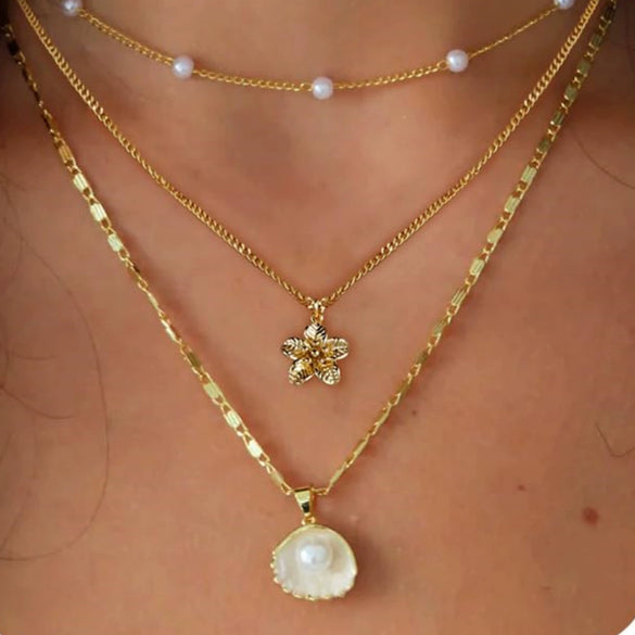 Women's Copper Imitation Pearl Shell Pendant Necklace With Geometric Design Multi Layer Electroplated Fashion Jewelry Gift