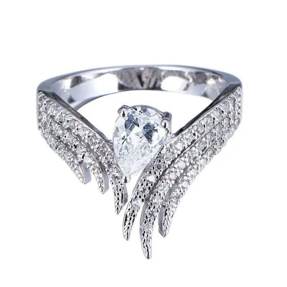Women's Copper Inlaid Water Drop Zircon Ring With Crown Pattern And Wings Design