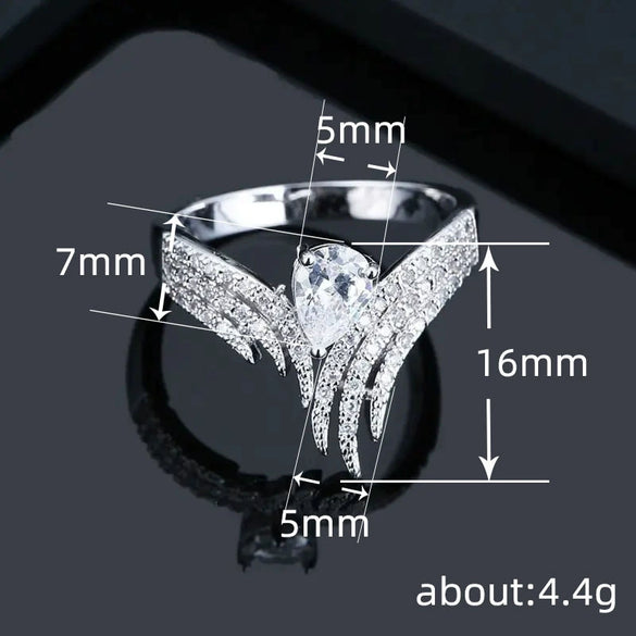 Women's Copper Inlaid Water Drop Zircon Ring With Crown Pattern And Wings Design