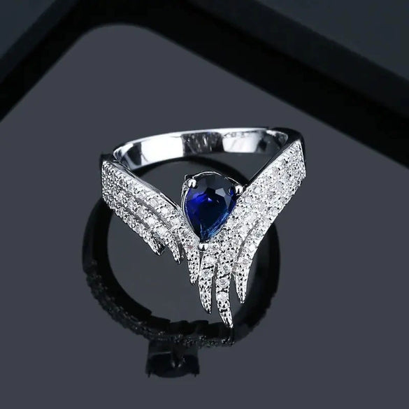 Women's Copper Inlaid Water Drop Zircon Ring With Crown Pattern And Wings Design