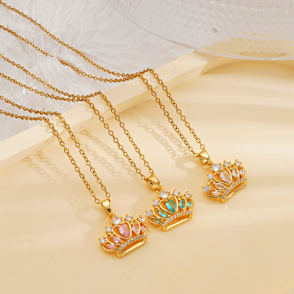 Women's Copper Inlaid Zircon Crown Pendant Necklace With Electroplating And O Chain