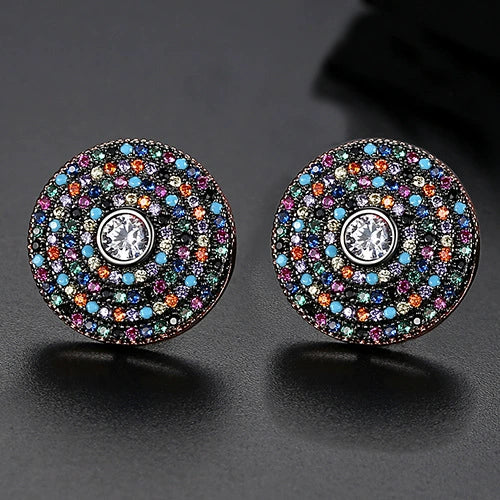 Women's Copper Inlaid Zircon Geometric Disc Earrings Retro Electroplated Fashion Jewelry