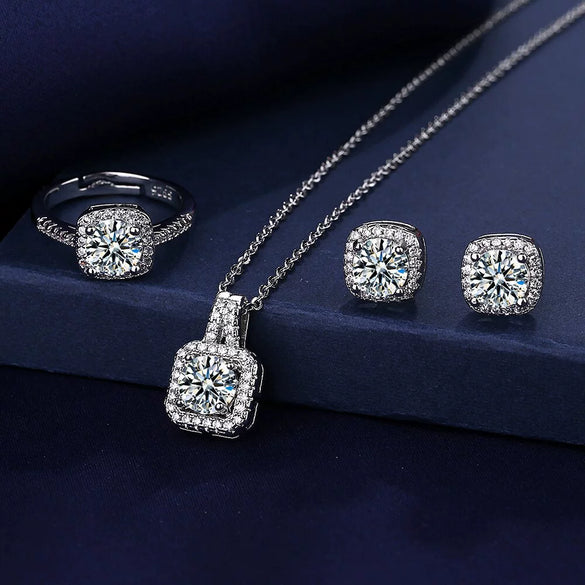Women's Copper Inlaid Zircon Geometric Style Square Earrings Necklace Ring Three Piece Set