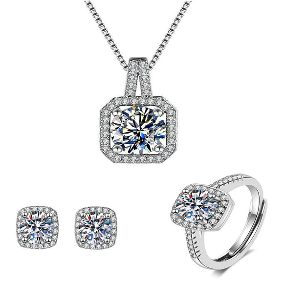 Women's Copper Inlaid Zircon Geometric Style Square Earrings Necklace Ring Three Piece Set