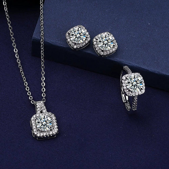 Women's Copper Inlaid Zircon Geometric Style Square Earrings Necklace Ring Three Piece Set