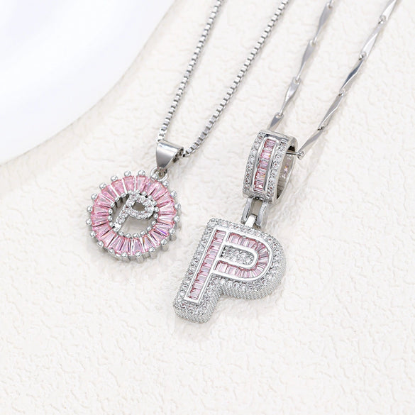 Women's Copper Inlaid Zircon Pendant Necklace With Geometric Pattern And Letter Shape Set With Diamonds