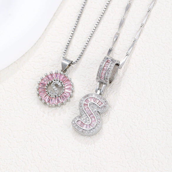 Women's Copper Inlaid Zircon Pendant Necklace With Geometric Pattern And Letter Shape Set With Diamonds