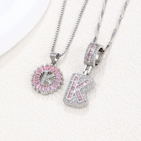 Women's Copper Inlaid Zircon Pendant Necklace With Geometric Pattern And Letter Shape Set With Diamonds