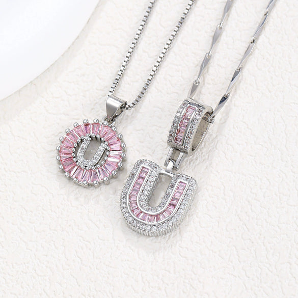 Women's Copper Inlaid Zircon Pendant Necklace With Geometric Pattern And Letter Shape Set With Diamonds